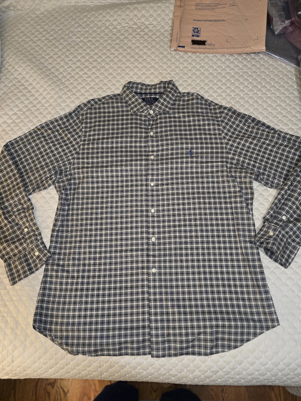Xxl - Polo By Ralph Lauren Gray And Blue Plaid Button-Down Shirt (Clean)